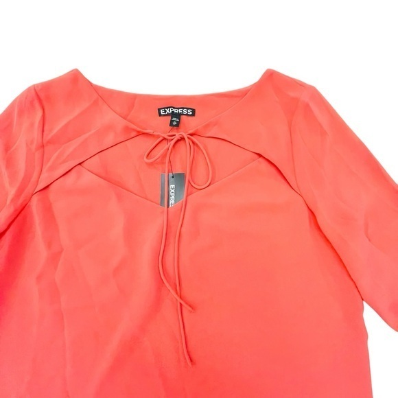 Express Orange Blouse V-Neck Chiffon Top XS Long Bell Sleeves Tie‎ Neckline NWT - Picture 4 of 15